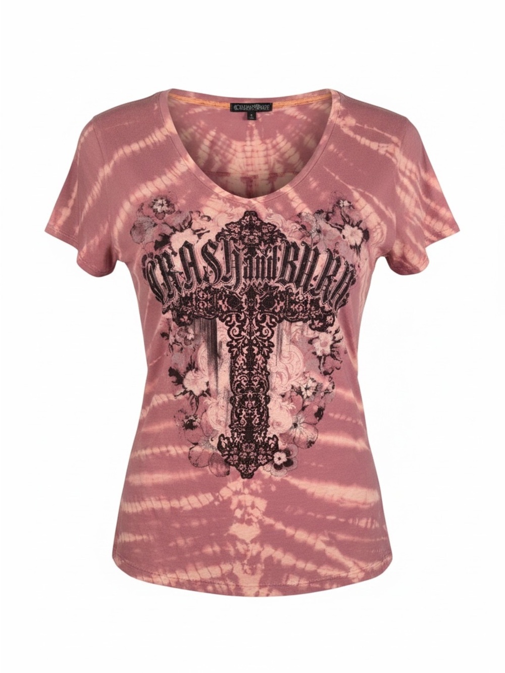 Crash & Burn Pink Tie-Dye V-Neck Tee with Ornate Cross